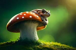 a frog sits on top of a mushroom. AI-Generated photo