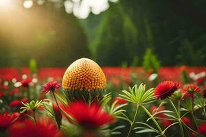 a red flower in a field with a golden egg. AI-Generated photo