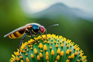 a bee on a cactus flower with a mountain in the background. AI-Generated photo