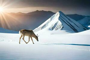 un ciervo es caminando a través de un Nevado campo. generado por ai foto