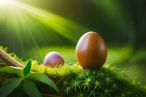 two eggs are sitting on a moss covered branch. AI-Generated photo