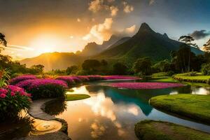 the sun rises over the mountains in the background. AI-Generated photo