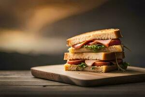 a sandwich with ham and cheese on a wooden board. AI-Generated photo