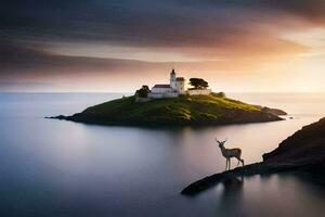 a deer stands on a rock overlooking the ocean at sunset. AI-Generated photo