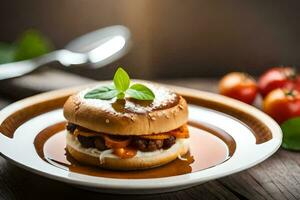 a hamburger on a plate with tomatoes and a spoon. AI-Generated photo