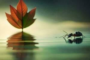 a leaf and an ant are standing in the water. AI-Generated photo