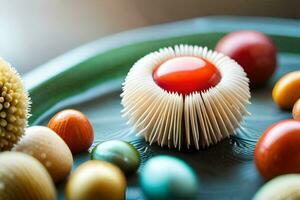 a plate with a red ball and other colorful eggs. AI-Generated photo