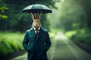 un Conejo vistiendo un traje y Corbata con un sombrilla. generado por ai foto
