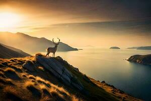 the deer is standing on the edge of a cliff overlooking the ocean and mountains. AI-Generated photo