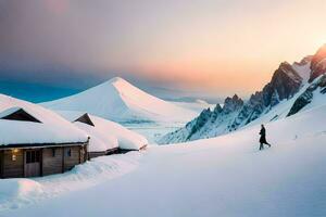 un persona caminando a través de un Nevado montaña. generado por ai foto