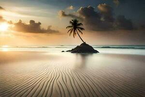 el puesta de sol en el playa con un palma árbol. generado por ai foto