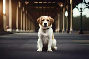 a dog sitting on the ground in front of a bridge. AI-Generated photo