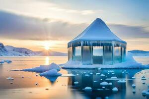 a small hut made of ice floats in the water. AI-Generated photo