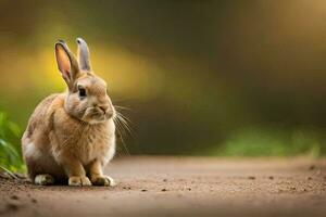 a rabbit sitting on the ground in the middle of a field. AI-Generated photo