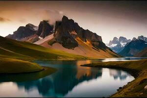 un lago rodeado por montañas y césped. generado por ai foto