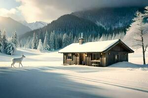 a deer stands in front of a cabin in the snow. AI-Generated photo