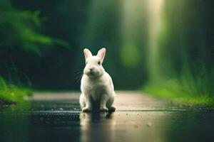 a white rabbit is standing on a wet road. AI-Generated photo