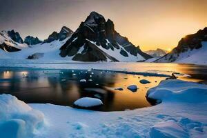 photo wallpaper the sky, mountains, water, snow, mountains, the sun, sunset, the. AI-Generated