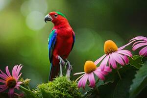 un vistoso loro se sienta en parte superior de algunos flores generado por ai foto