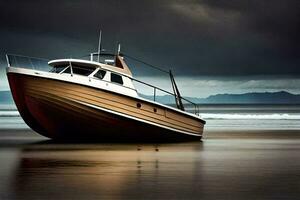 a boat on the beach with stormy skies. AI-Generated photo