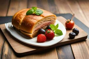 un emparedado con Fruta y un pan en un de madera mesa. generado por ai foto