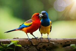 two colorful birds sitting on a branch. AI-Generated photo