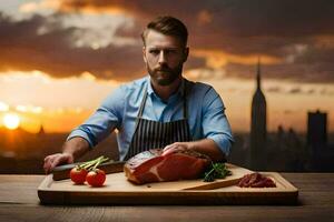 a man in apron cutting meat on a cutting board. AI-Generated photo