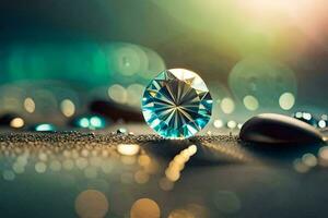 a diamond sitting on the ground with bokeh. AI-Generated photo