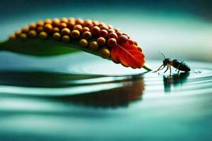 a bug on a leaf in the water. AI-Generated photo