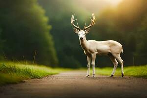 un blanco ciervo soportes en un la carretera en el bosque. generado por ai foto