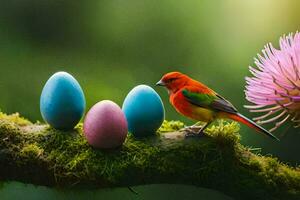 un pájaro se sienta en un rama con vistoso huevos. generado por ai foto