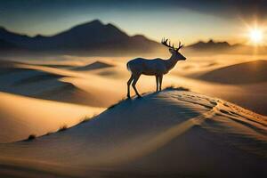 the deer is standing on the sand dunes in the middle of the desert. AI-Generated photo