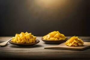 mango slices in bowls on a wooden table. AI-Generated photo