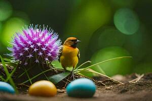 un pájaro se sienta en un flor y huevos en el suciedad. generado por ai foto