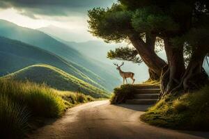 a deer stands on the side of a road in the mountains. AI-Generated photo