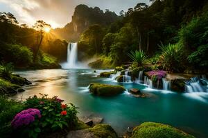 the waterfall in the jungle at sunset. AI-Generated photo