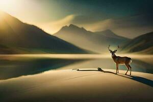 a deer stands on the shore of a lake at sunset. AI-Generated photo