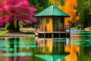 a small gazebo sits on the edge of a lake. AI-Generated photo