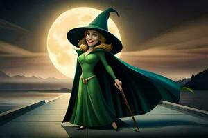 a cartoon witch with a green cloak and hat standing on a pier. AI-Generated photo