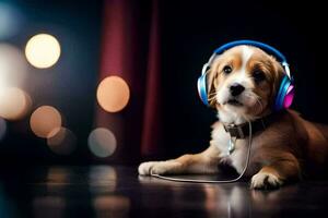 a puppy wearing headphones sits on the floor. AI-Generated photo