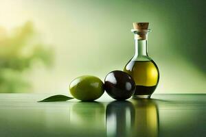 olives and olive oil on a table. AI-Generated photo