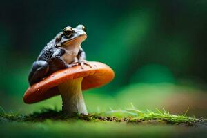 a frog sits on top of a mushroom. AI-Generated photo