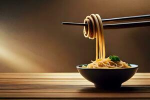 chopsticks are holding noodles in a bowl. AI-Generated photo