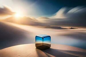 a cube sitting on top of a sand dune. AI-Generated photo