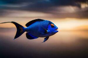 a blue fish with orange eyes is flying over the ocean. AI-Generated photo