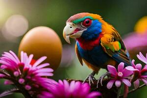 colorful bird sitting on a branch with pink flowers. AI-Generated photo