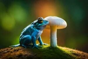 a blue frog is sitting on top of a mushroom. AI-Generated photo