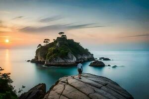 a man standing on a rock overlooking the ocean at sunset. AI-Generated photo