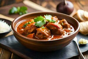 chicken curry in a bowl with bread and a spoon. AI-Generated photo