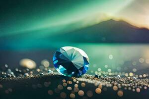 a diamond sitting on the sand with water droplets. AI-Generated photo